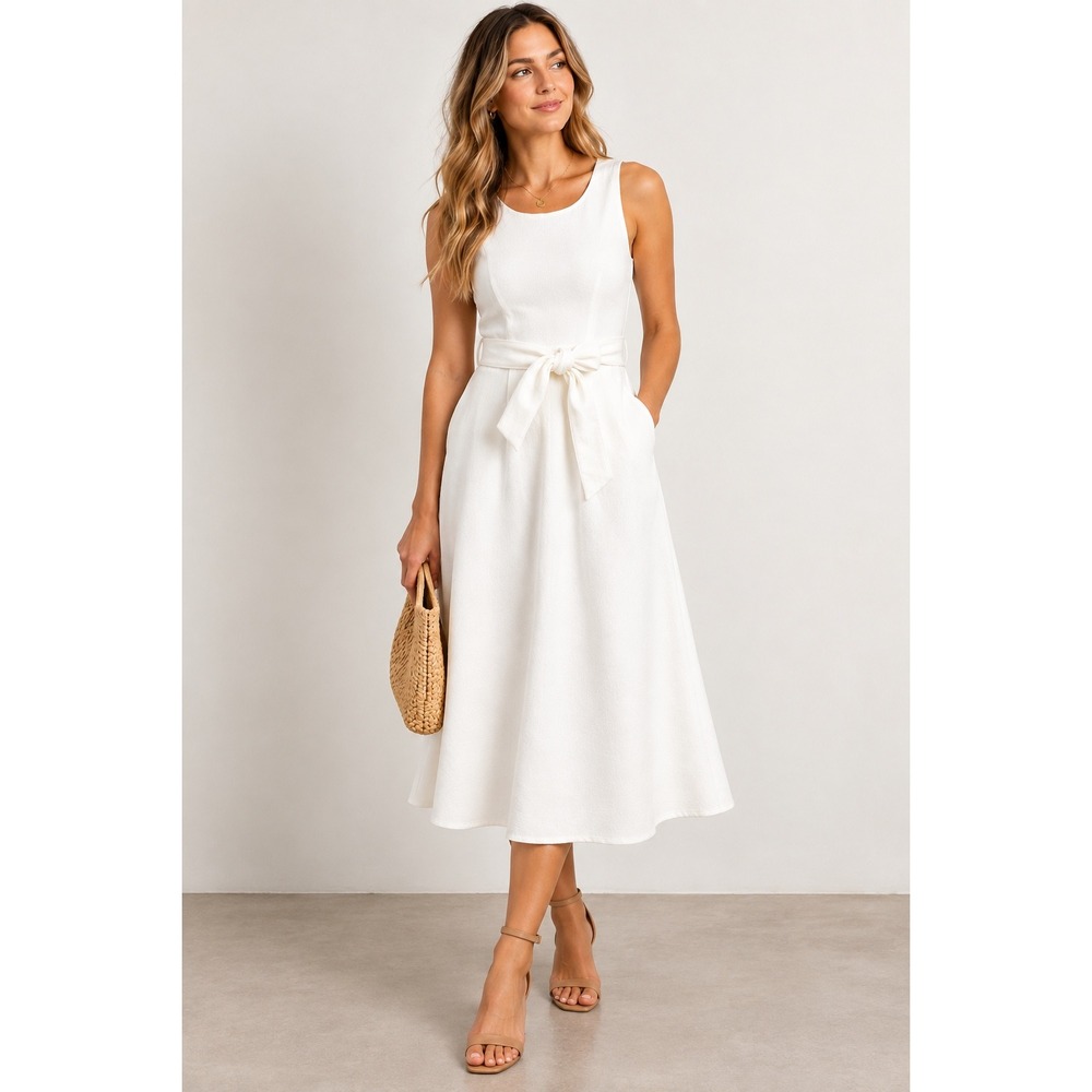 Elizabeth Crosby White Tie Waist Midi Dress Pockets Wedding Bridal XS